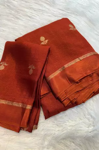 orange khadi art silk saree with jacquard leaf design