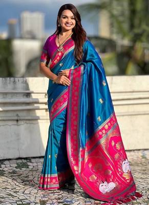 dark blue soft art silk saree with pink dual zari border 1