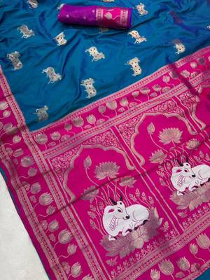 dark blue soft art silk saree with pink dual zari border 2