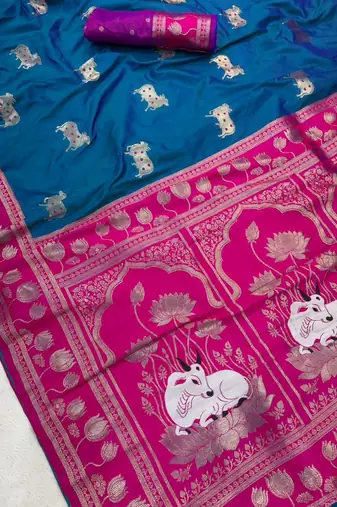 dark blue soft art silk saree with pink dual zari border