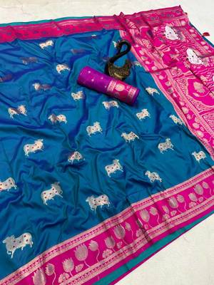 dark blue soft art silk saree with pink dual zari border 3