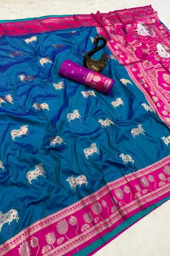 dark blue soft art silk saree with pink dual zari border