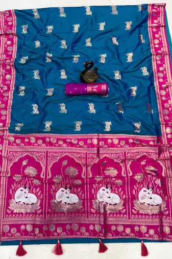 dark blue soft art silk saree with pink dual zari border