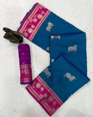 dark blue soft art silk saree with pink dual zari border 5