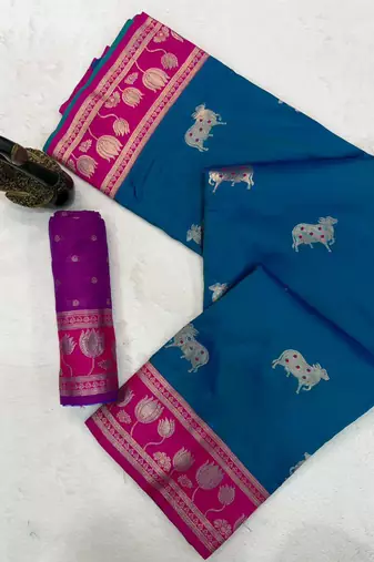 dark blue soft art silk saree with pink dual zari border