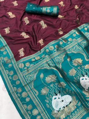 maroon soft art silk saree with teal dual zari border 3