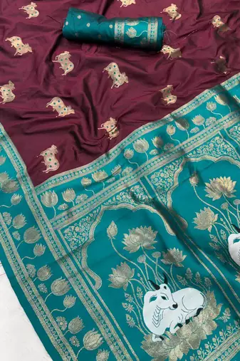 maroon soft art silk saree with teal dual zari border