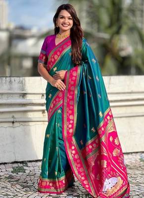 olive art silk saree with pink dual zari border 1
