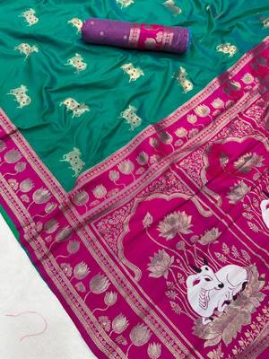 olive art silk saree with pink dual zari border 2