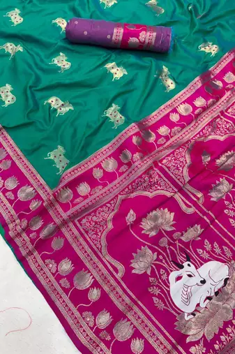 olive art silk saree with pink dual zari border