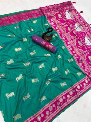 olive art silk saree with pink dual zari border 3