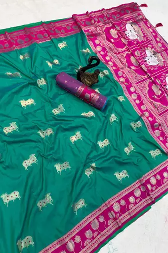 olive art silk saree with pink dual zari border