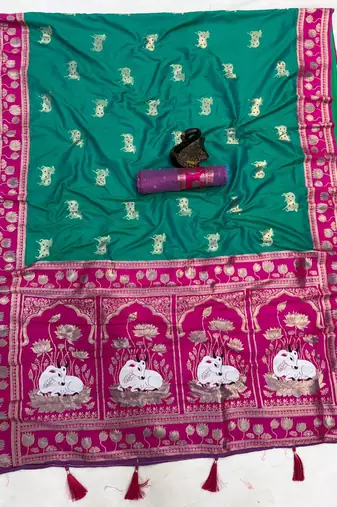 olive art silk saree with pink dual zari border