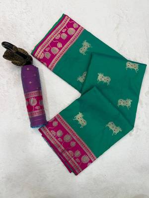olive art silk saree with pink dual zari border 5