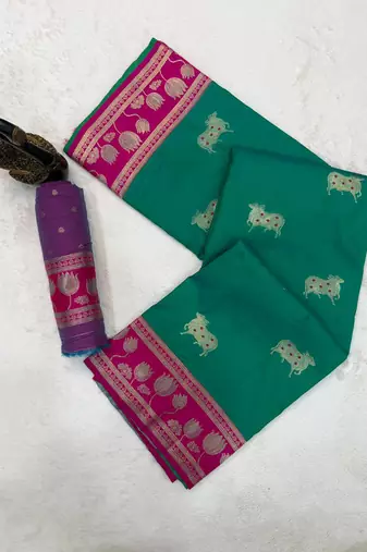 olive art silk saree with pink dual zari border