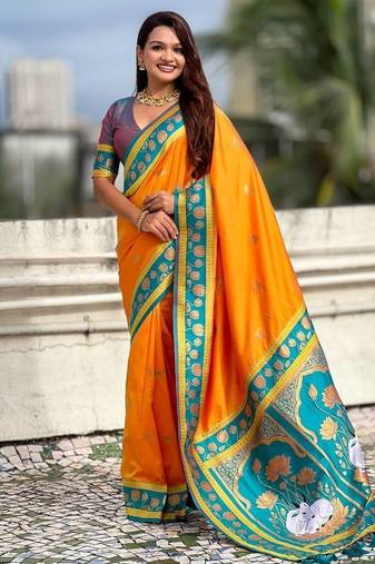 Orange Color Dual Zari Weaving Silk Saree