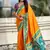 orange soft art silk saree with teal dual zari border