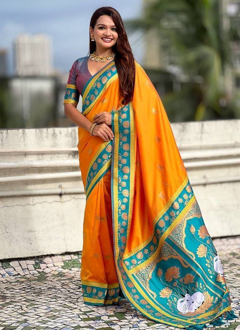 Orange Color Dual Zari Weaving Silk Saree