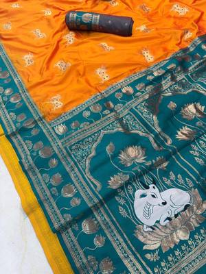 orange soft art silk saree with teal dual zari border 2