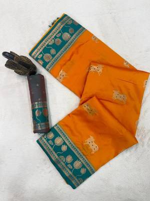 orange soft art silk saree with teal dual zari border 5