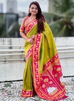 parrot green soft art silk saree with pink zari border 1
