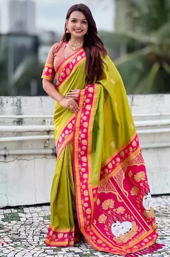 Parrot Green Color Dual Zari Weaving Silk Saree