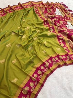 parrot green soft art silk saree with pink zari border 2