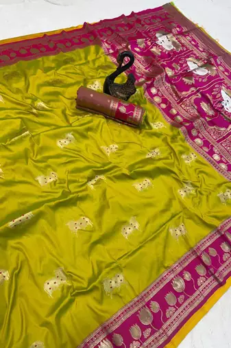 parrot green soft art silk saree with pink zari border