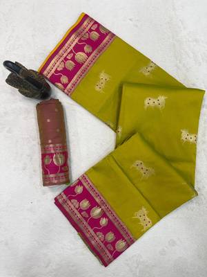 parrot green soft art silk saree with pink zari border 5