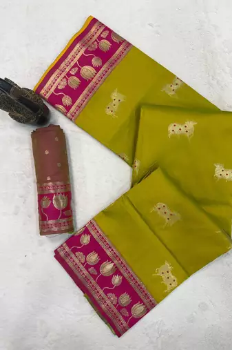 parrot green soft art silk saree with pink zari border