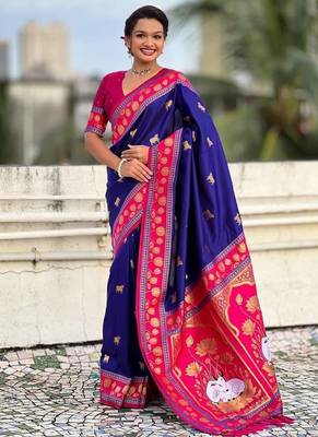 purple soft art silk saree with red dual zari border & animal motif pallu 1