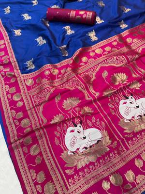 purple soft art silk saree with red dual zari border & animal motif pallu 2