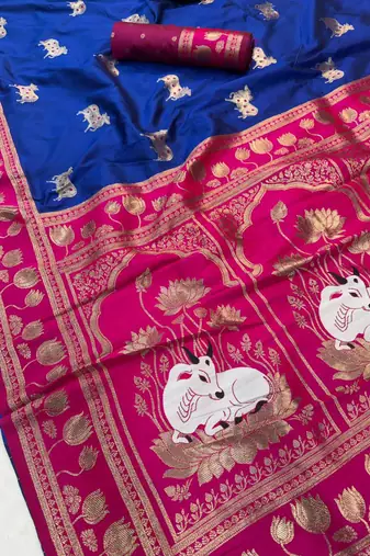 purple soft art silk saree with red dual zari border & animal motif pallu