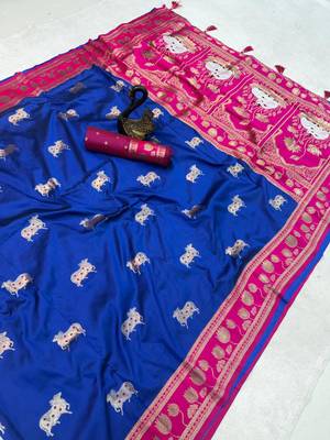 purple soft art silk saree with red dual zari border & animal motif pallu 3