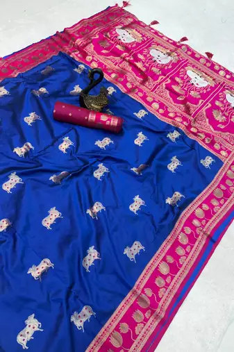 purple soft art silk saree with red dual zari border & animal motif pallu