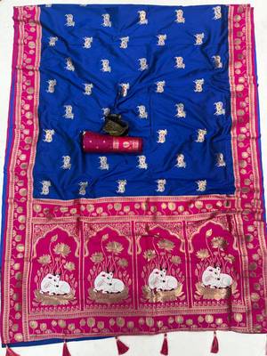 purple soft art silk saree with red dual zari border & animal motif pallu 4