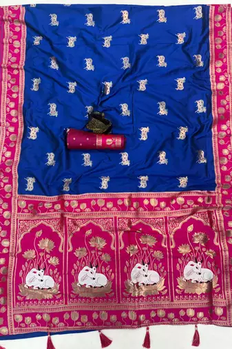 purple soft art silk saree with red dual zari border & animal motif pallu
