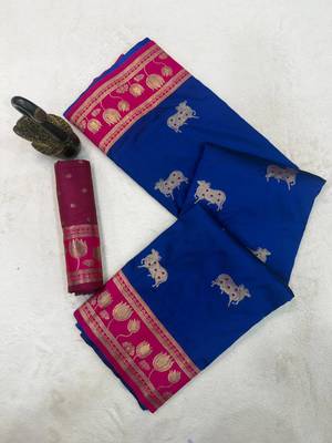 purple soft art silk saree with red dual zari border & animal motif pallu 5