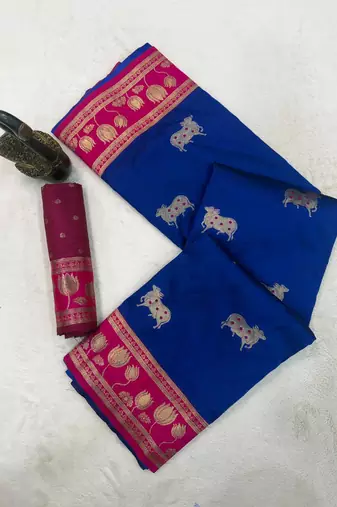 purple soft art silk saree with red dual zari border & animal motif pallu