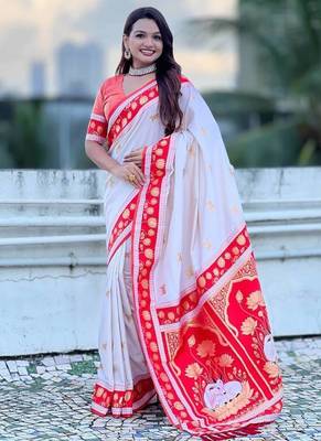white soft art silk saree with red dual zari border & pallu motif 1