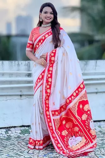 White Color Dual Zari Weaving Silk Saree