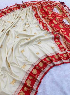 white soft art silk saree with red dual zari border & pallu motif 2