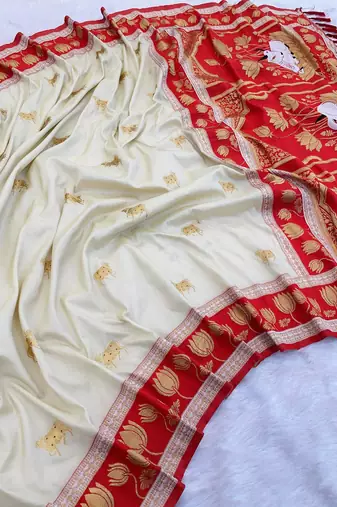 white soft art silk saree with red dual zari border & pallu motif
