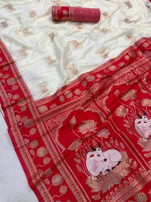 white soft art silk saree with red dual zari border & pallu motif 3