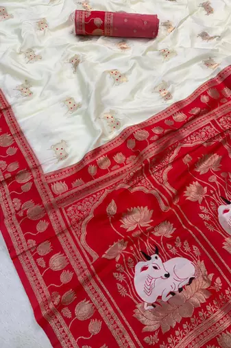 white soft art silk saree with red dual zari border & pallu motif