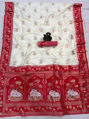 white soft art silk saree with red dual zari border & pallu motif 4