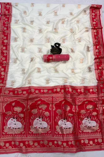 white soft art silk saree with red dual zari border & pallu motif