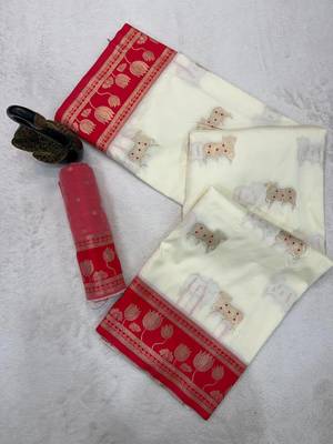 white soft art silk saree with red dual zari border & pallu motif 5