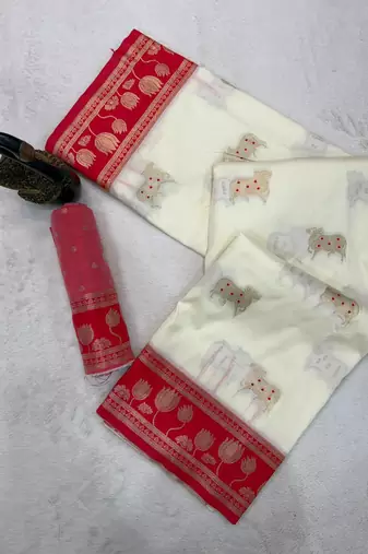 white soft art silk saree with red dual zari border & pallu motif