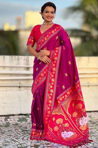 Wine Color Dual Zari Weaving Silk Saree